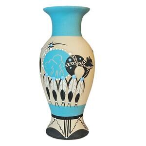 Betty Shelby Native American pottery Turquoise Black Feathers Bear Signed